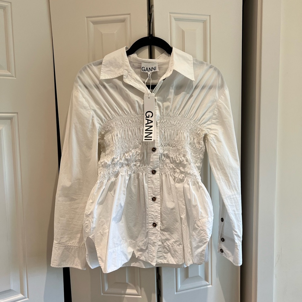 NWT GANNI Shirred Cotton Poplin Blouse In Bright White - Picture 2 of 3
